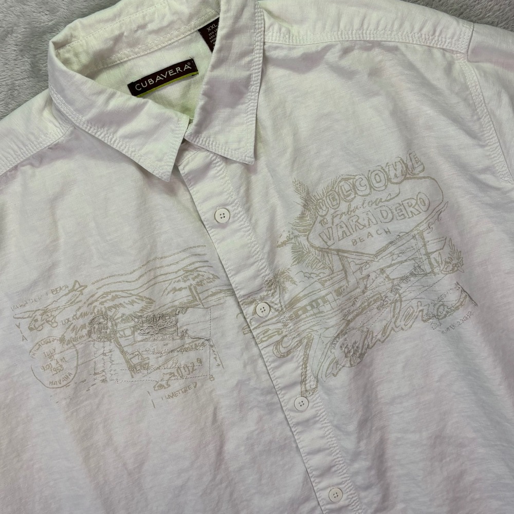 Cubavera Mens Shirt Sz XXL White Linen‎ Blend Varadero Beach Graphic Button Up